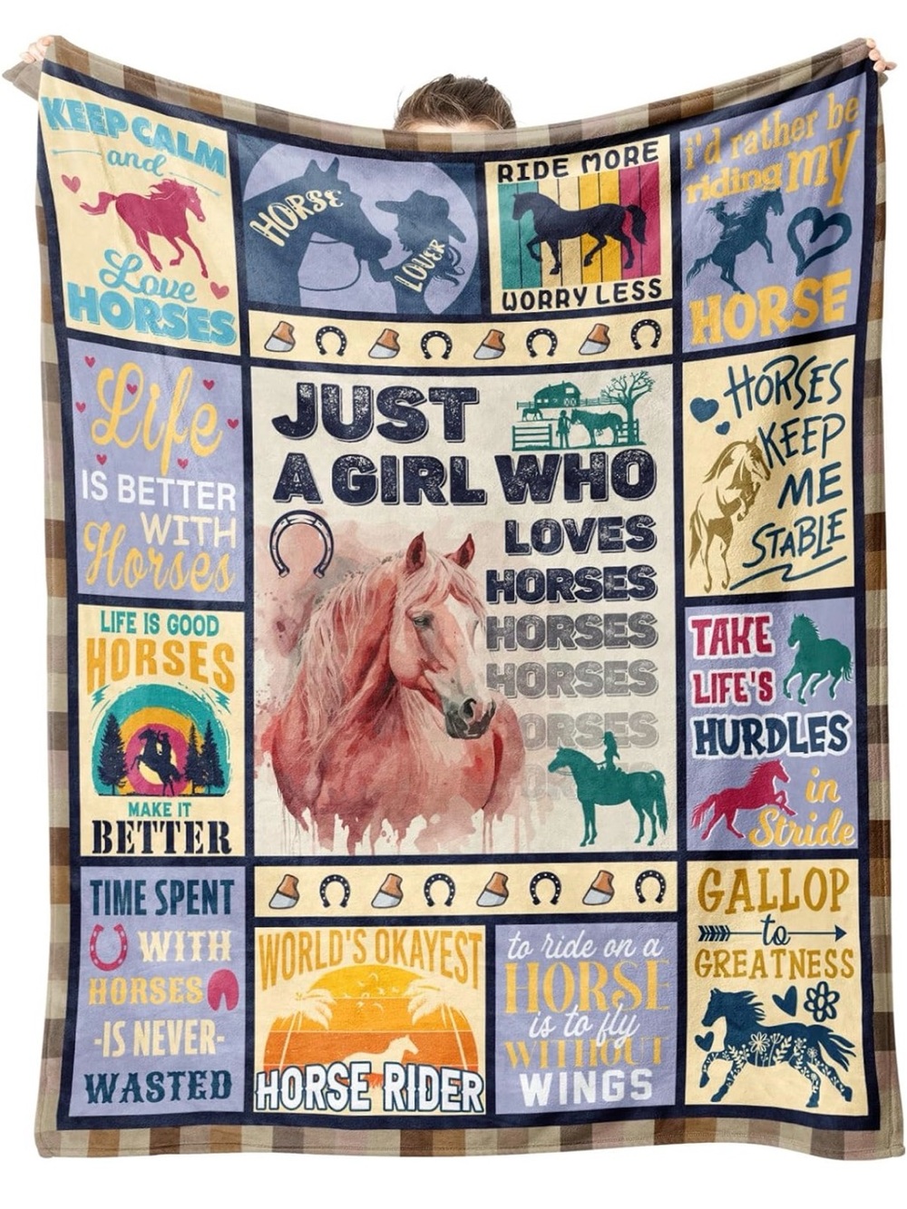 Equestrian Patchwork Throw Blanket - Pink & Blue Horse Design NWT